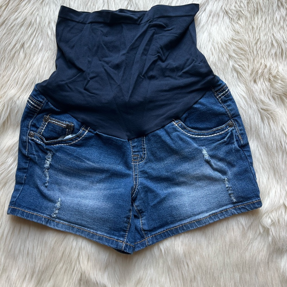 Maternity Indigo Blue Distressed Denim Shorts, Size Small
